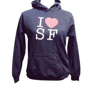 Gildan Youth L I Heart SF Graphic Hoodie Navy Blue Pullover Y2K Touristcore